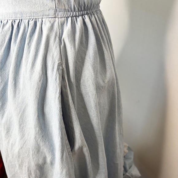 70s Denim Halter Dress Size S Light Wash Eyelet Lace Trim Pockets Milk Maid - Picture 7 of 14